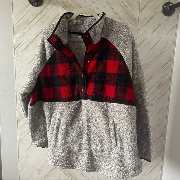 Maurices Gray Buffalo Plaid Yoke Snap Front Sherpa Pullover Sweatshirt Size 2X - Picture 7 of 7